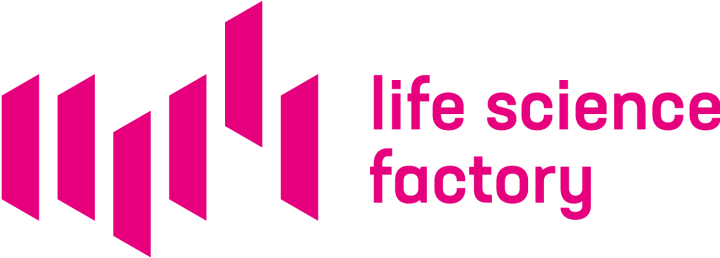 Logo for life science factory with stylized purple DNA helix and text in purple letters. Life Science Factory Göttingen, biotech incubator Germany, life sciences startup lab space, biotech innovation hub