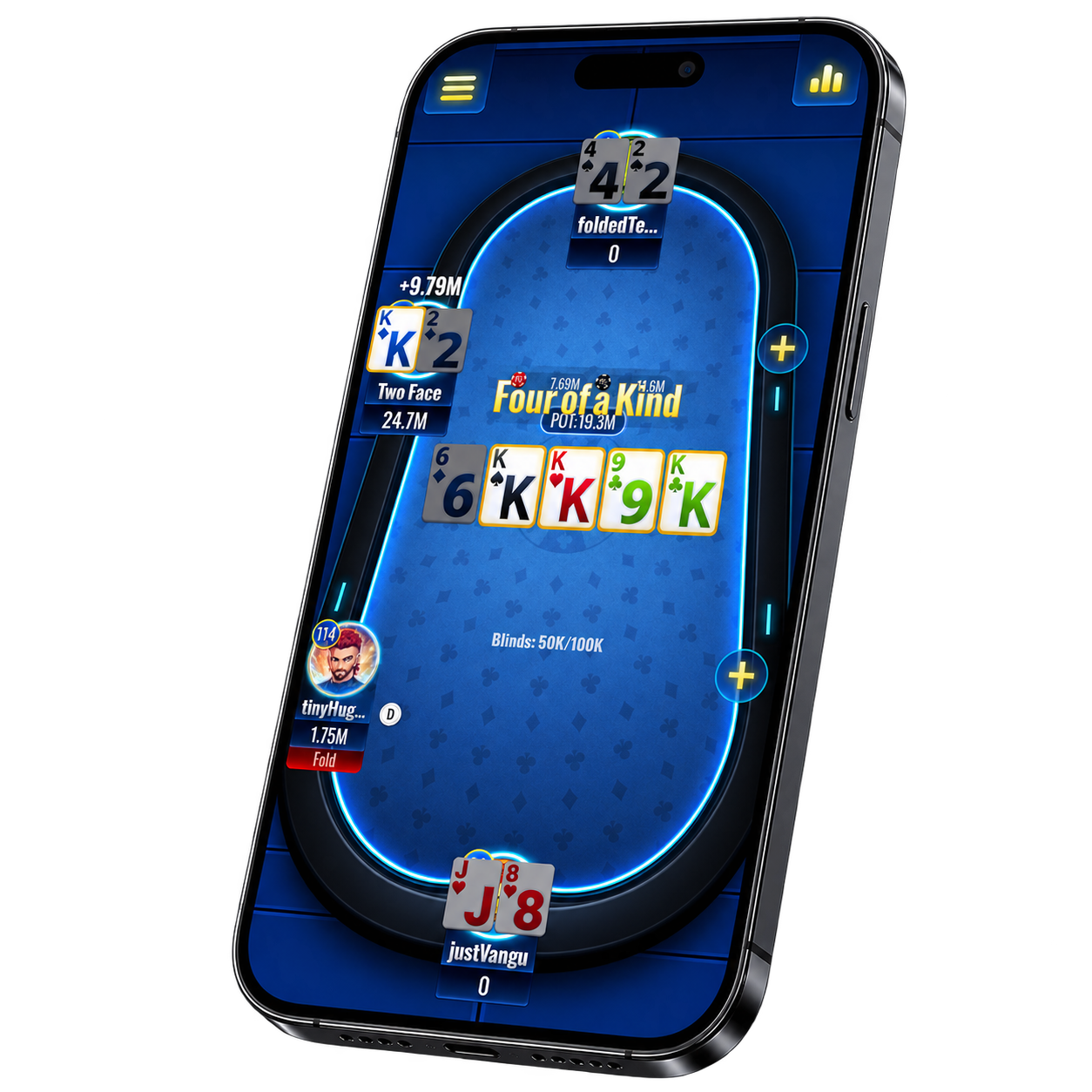 Poker Galaxy mobile poker gameplay displayed on a smartphone.