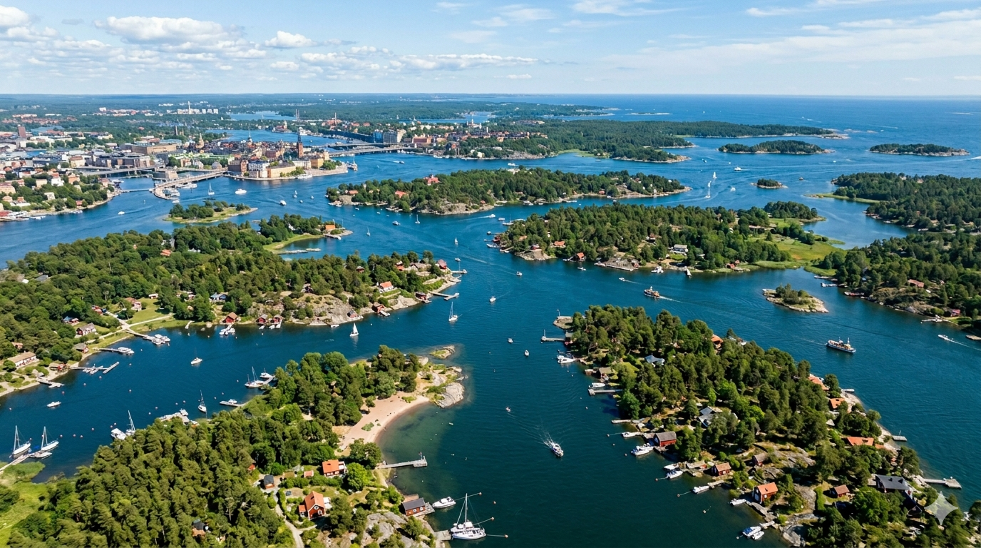 Aerial view of a coastal city with a harbor, numerous boats, green islands, and buildings near the water.