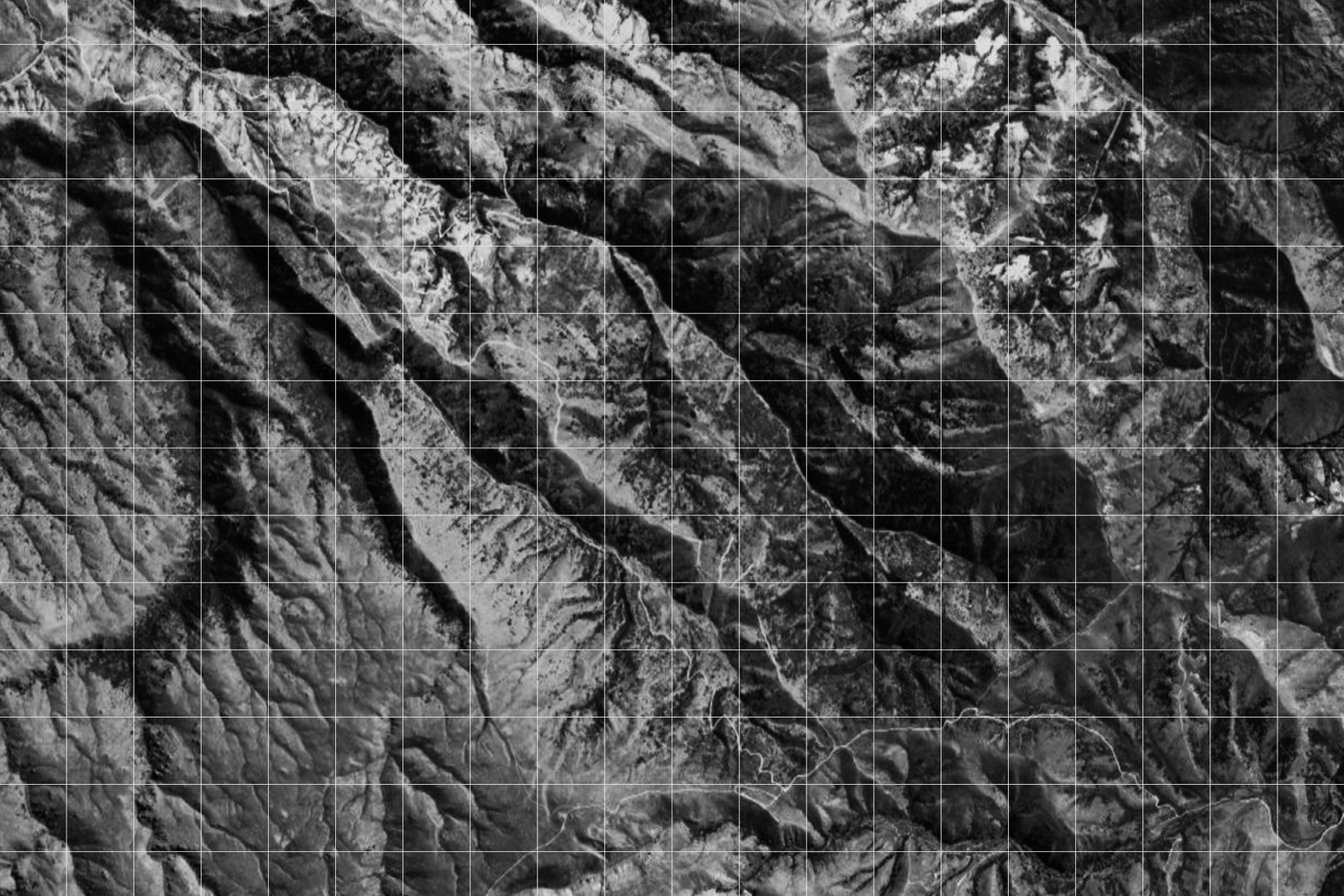 A topographic map showcasing mountain ranges, valleys, and rivers in grayscale.