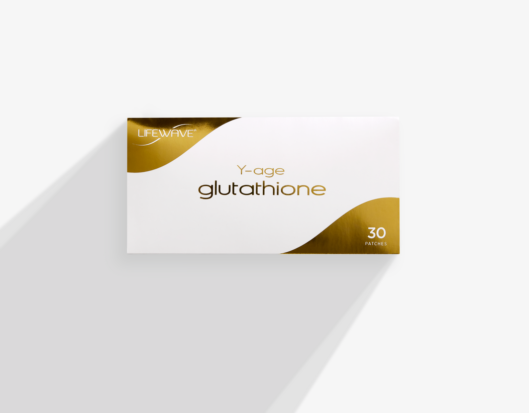 Packaging box labeled 'Y-age glutathione' with 'LIFEWAVE' branding, containing 30 patches, with a gold and white design.