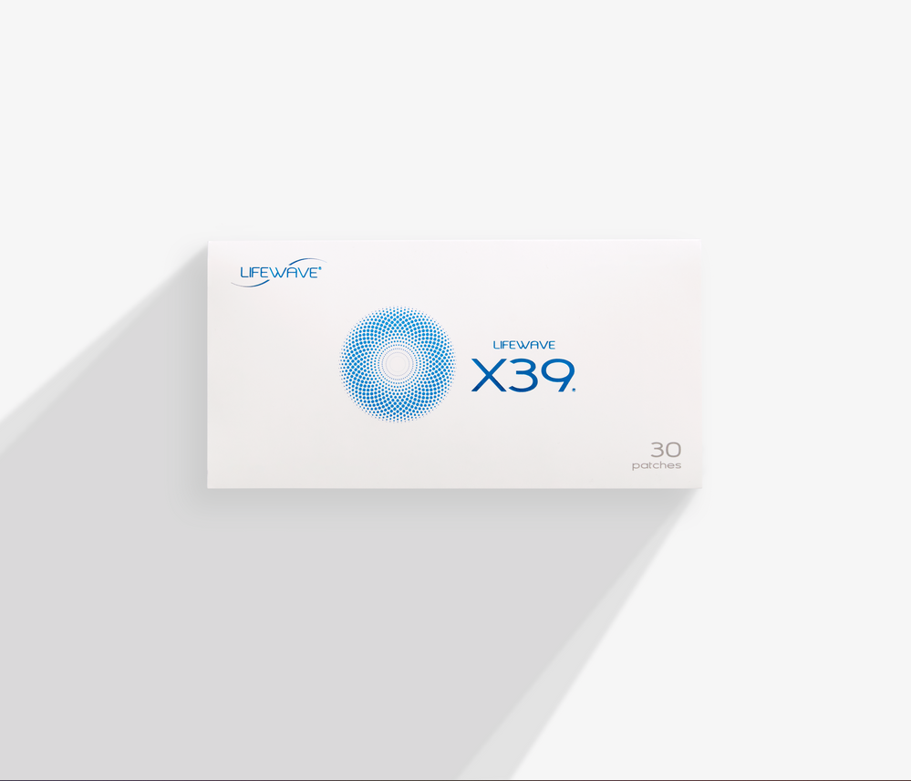 Packaging box of Lifewave X39 patches, white box with blue circular design, with text indicating 30 patches, on a white background.