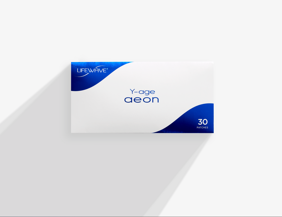 A box of life wave Y-age aeon patches with blue and white design, 30 patches included.