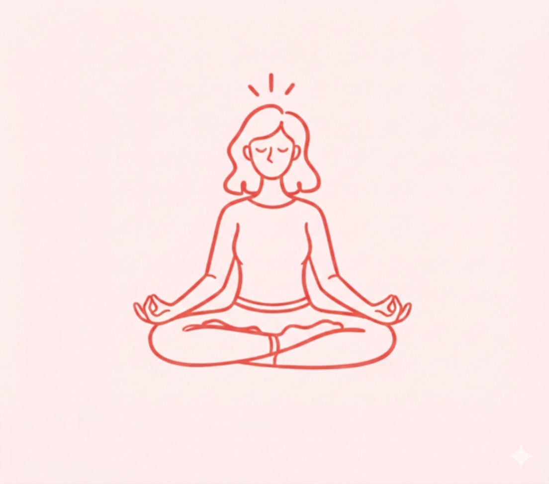 Line drawing of a woman meditating in a cross-legged seated position with her hands resting on her knees in a yoga pose.