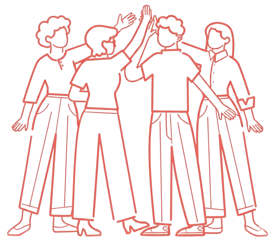 Line drawing of five women standing together, some with arms around each other, smiling and celebrating.
