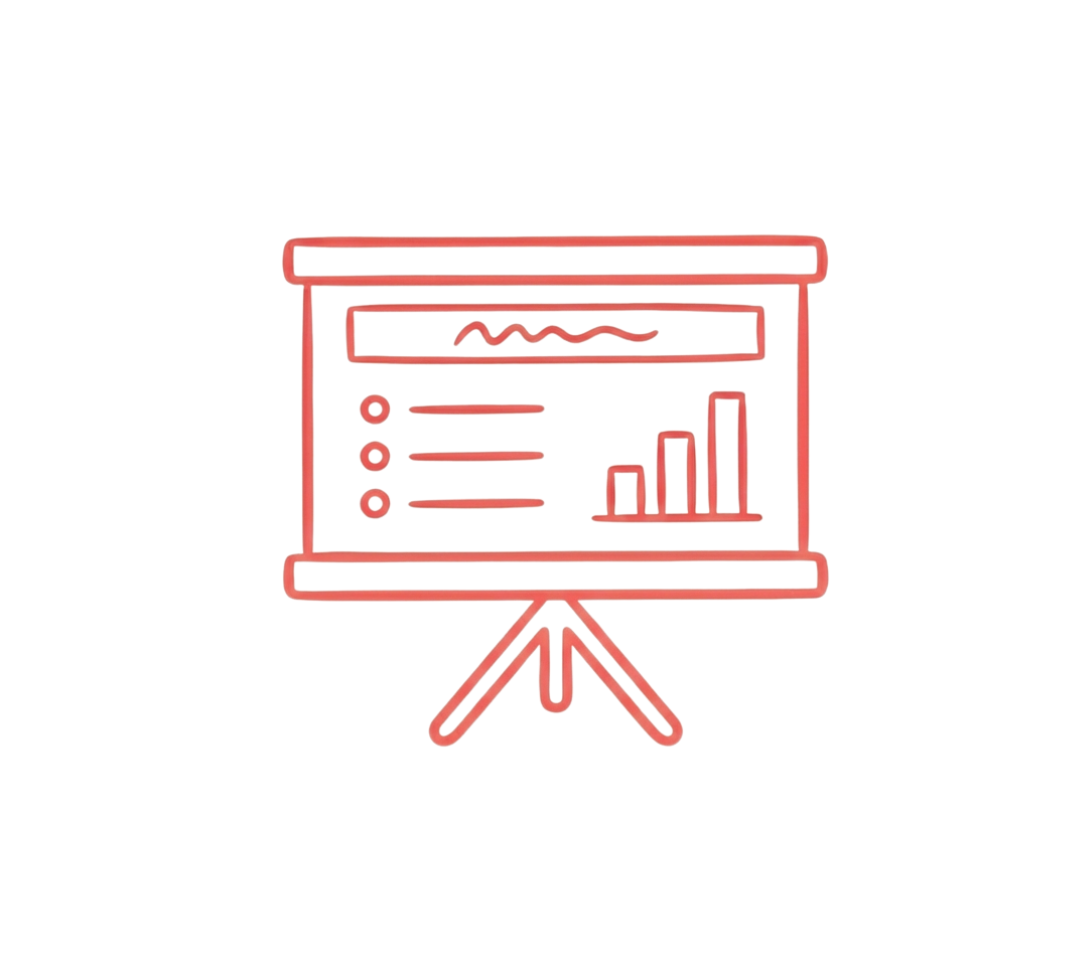 A red line drawing of a presentation board on a tripod stand displaying a bar graph, some bullet points, and a wavy line.