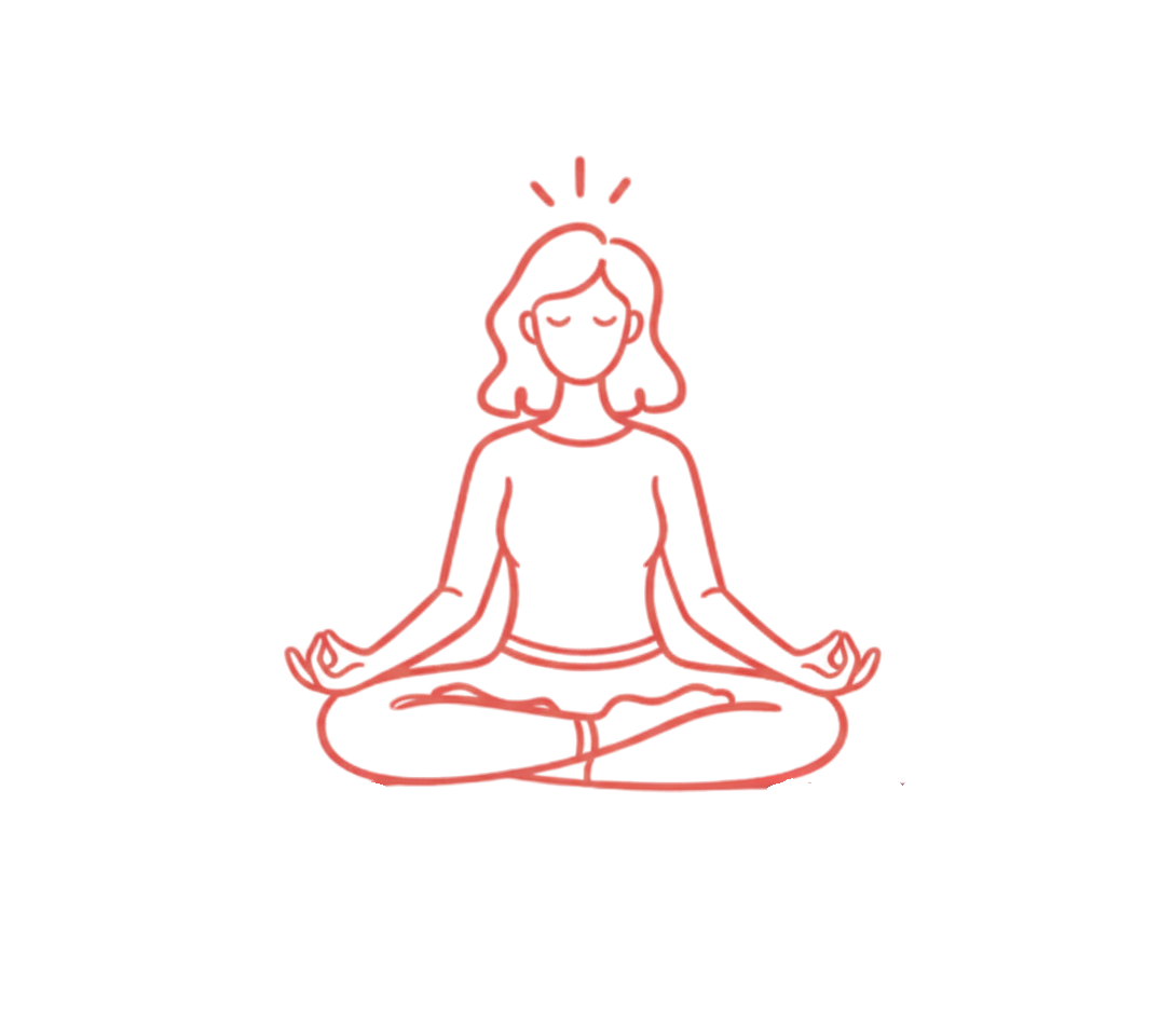 Line drawing of a woman meditating in a seated cross-legged position with eyes closed and a peaceful expression, rays emanating from her head.