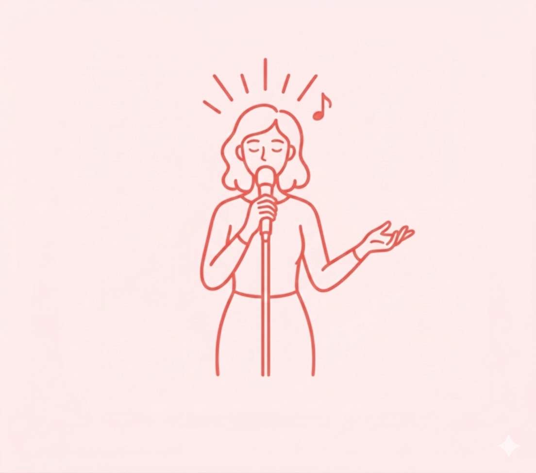 Line drawing of a woman singing into a microphone with musical notes and radiating lines above her head.