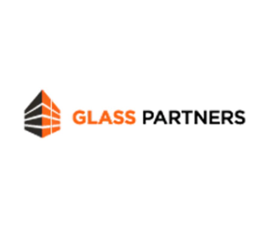 Logo for Glass Partners, featuring an abstract glass block icon in orange and black, with the company name in bold black and orange text.
