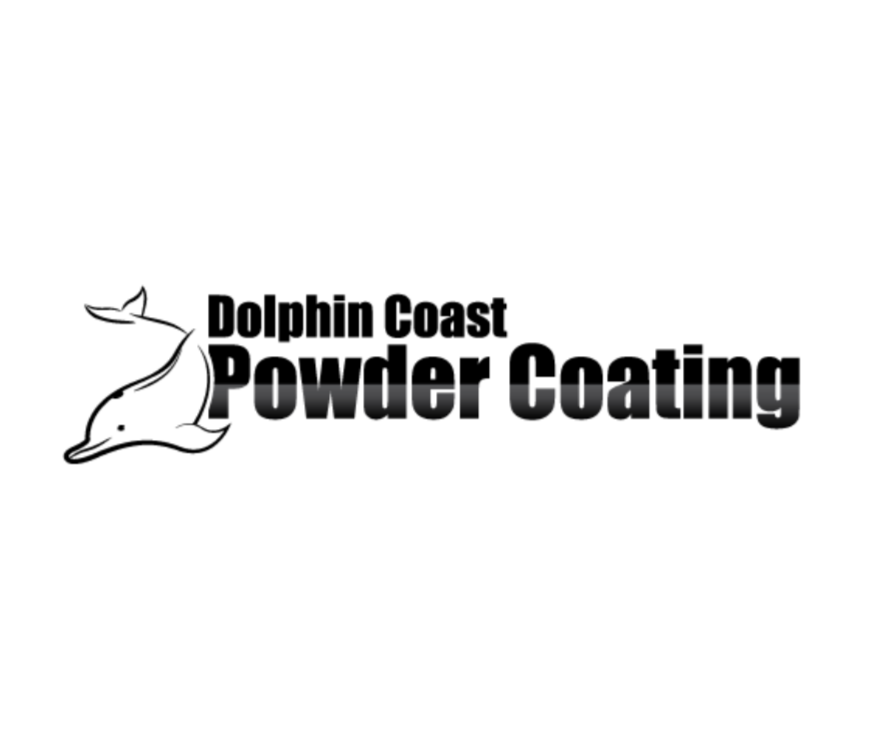 Logo with a dolphin illustration and bold text reading "Dolphin Coast Powder Coating".