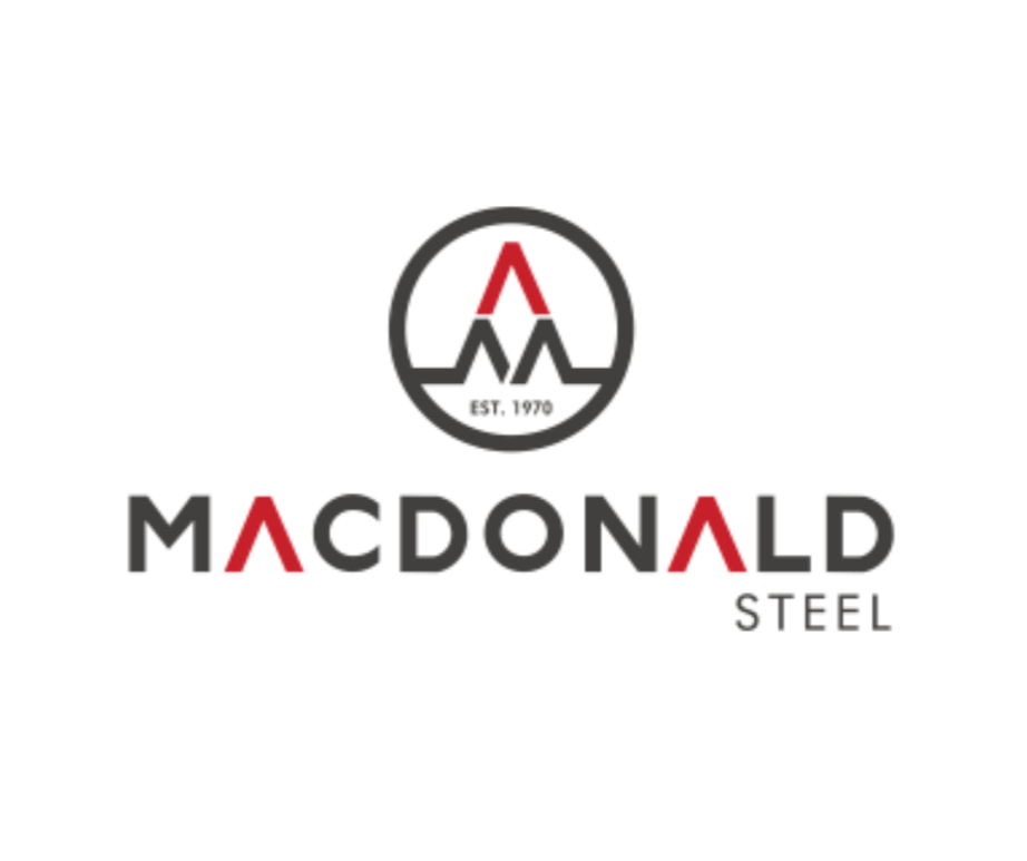 Logo for Macdonald Steel featuring a stylized mountain inside a circle with the company name in black and red letters, and the text "EST. 1970".
