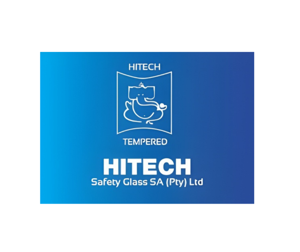 Blue label with white text and a logo of a smiling elephant with a hat, indicating HITECH tempered safety glass, by Safety Glass SA (Pty) Ltd.