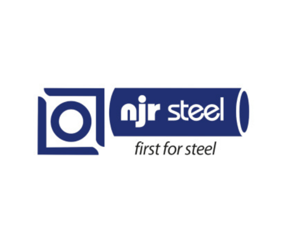 Logo of NJR Steel with the tagline "first for steel"