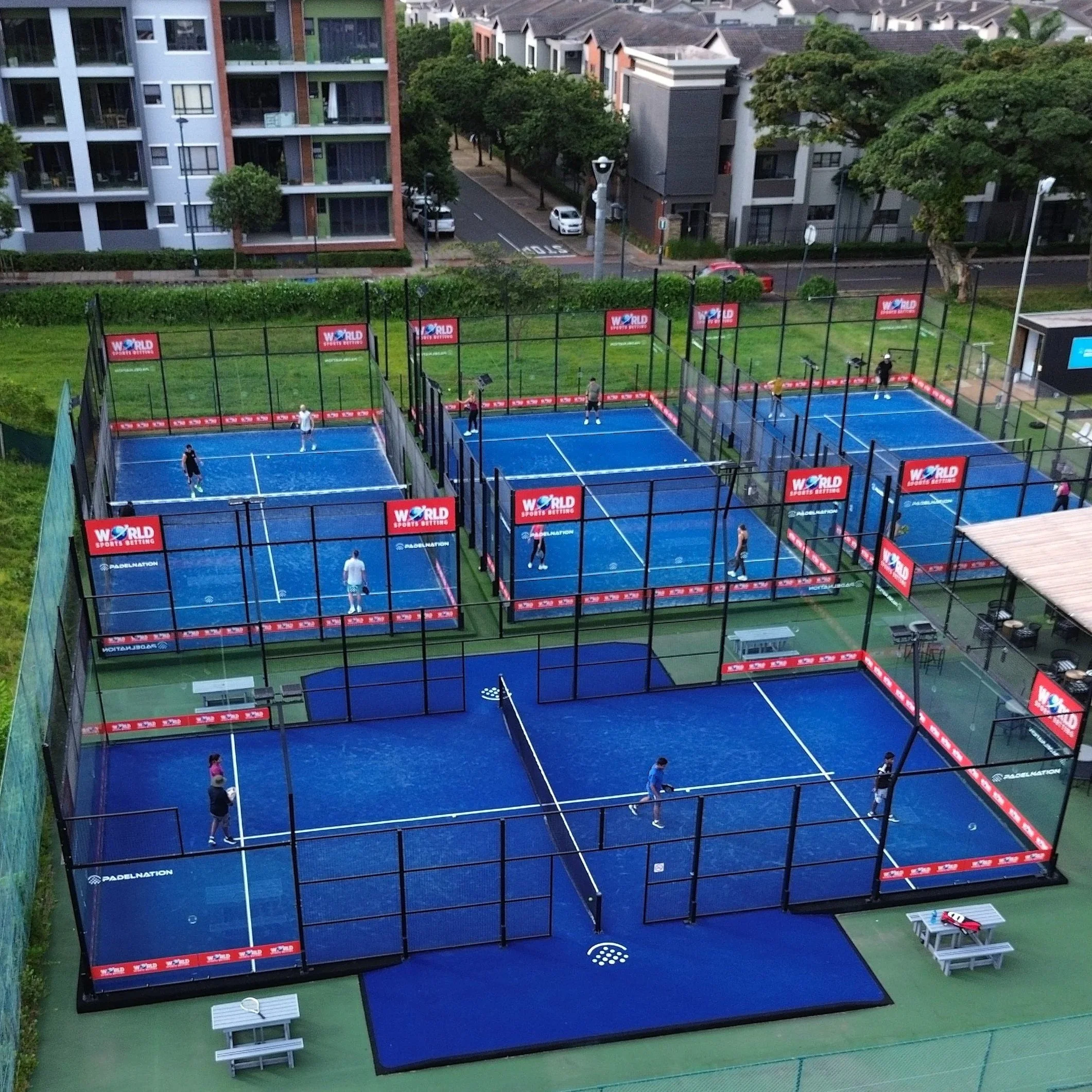 Ariel photo of a padel club at Umhlanga Country Club with 4 courts.