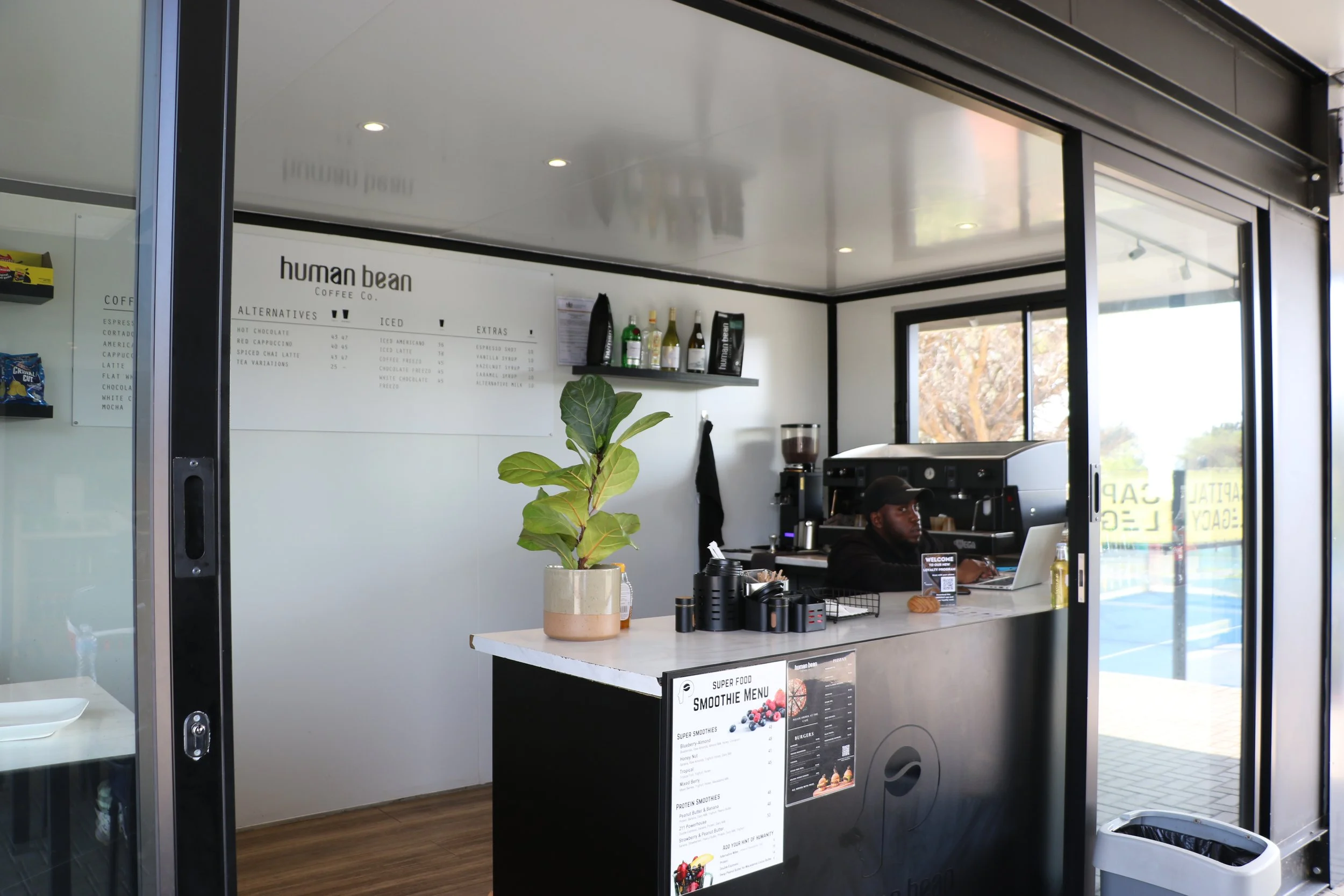 Inside a modern coffee shop with a counter, menu, and a barista working behind the counter. There is a potted plant on the counter and large windows letting in natural light.