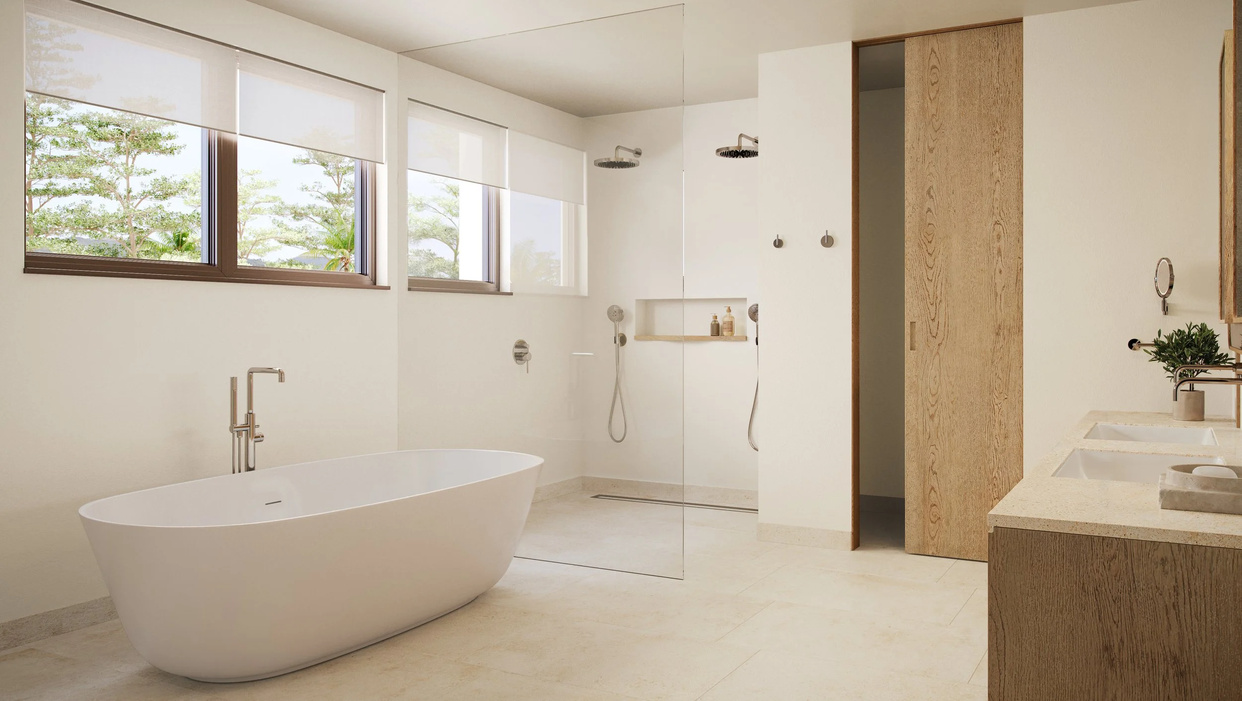 Modern bathroom with a white freestanding bathtub, large windows with views of trees, a glass-enclosed shower with two showerheads, a wooden cabinet and a stone countertop with two sinks and a plant.