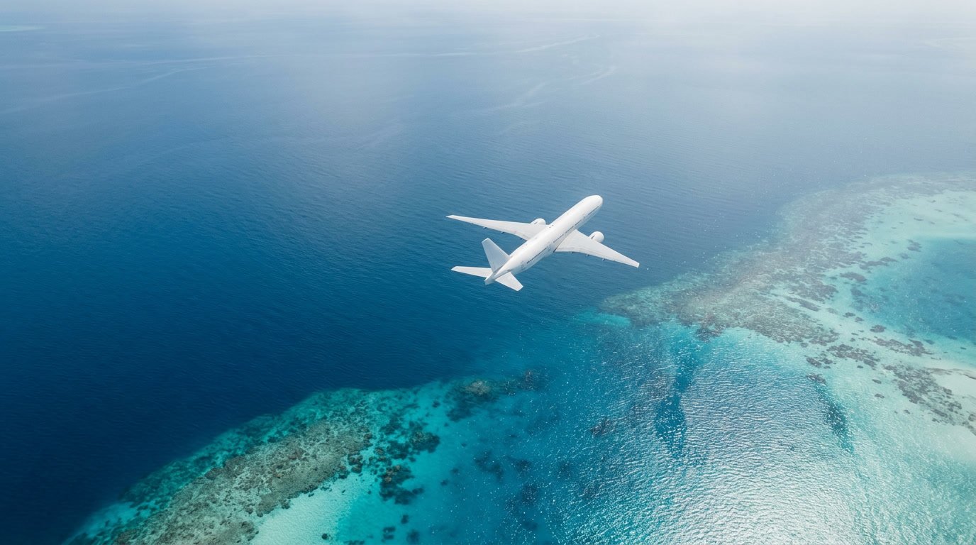 An airplane flying over a turquoise ocean and coral reef.