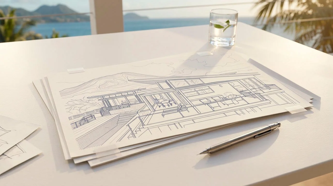 Architectural blueprints or detailed technical drawings of a building on white paper, with a silver pen and a glass of water placed on a white table, overlooking a scenic view of mountains and water.