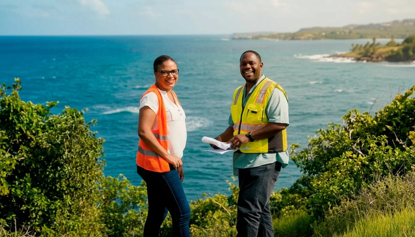 Two construction workers, a woman and a man, smiling and standing outdoors near the ocean. The woman is wearing a white shirt with an orange safety vest, and the man is wearing a yellow safety vest and holding a rolled-up blueprint. There are green bushes and a coastline in the background.