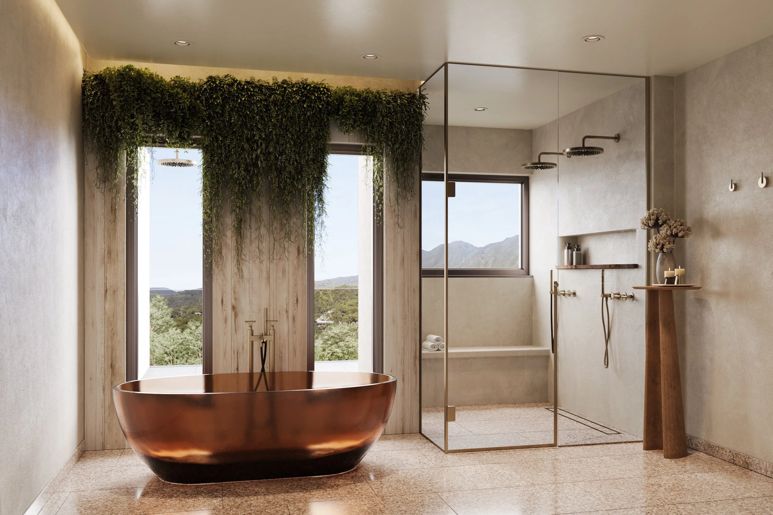 Modern bathroom with a copper bathtub, rainfall shower, large window with scenic mountain view, and minimal decor.