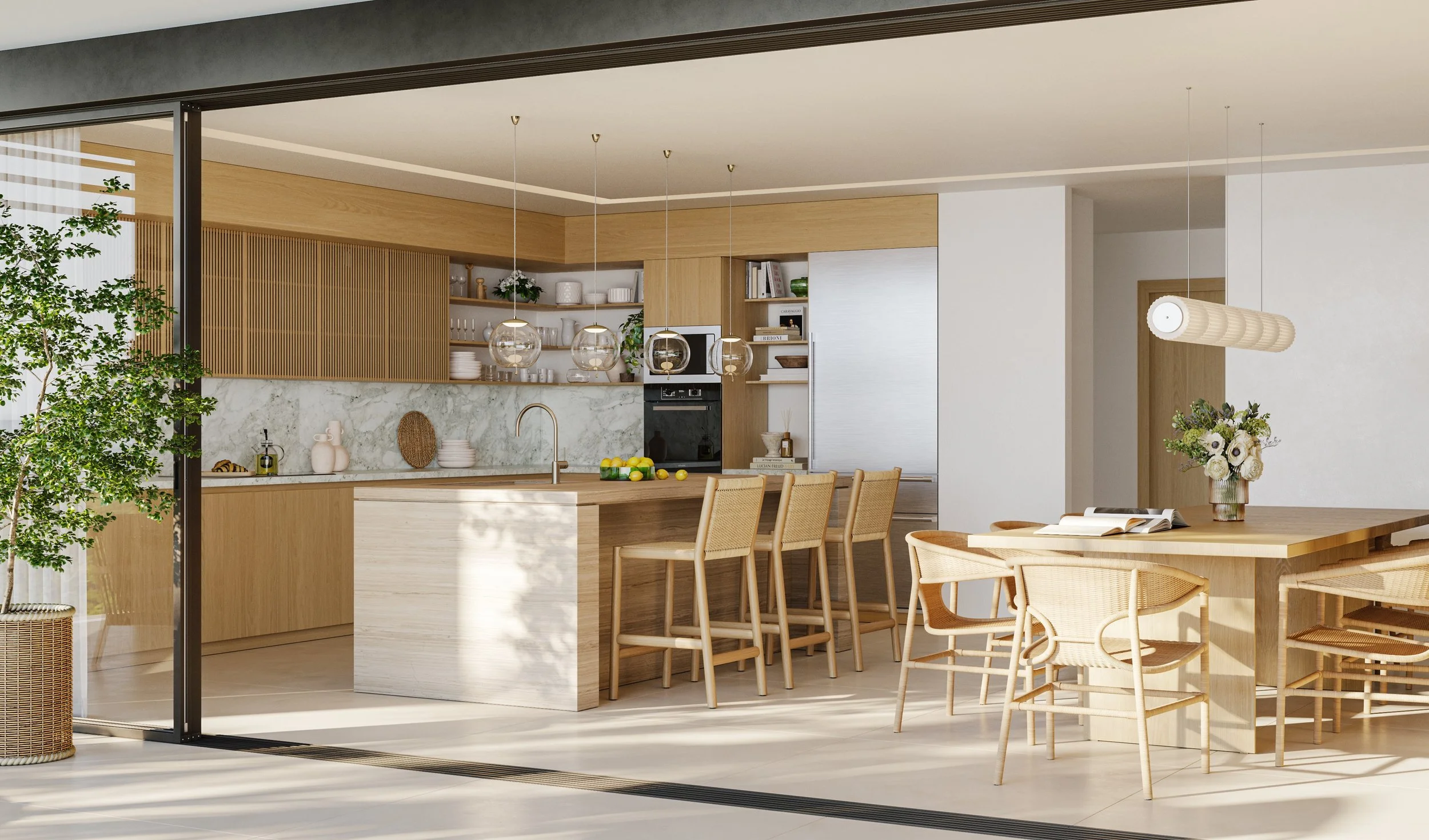 Modern kitchen and dining area with wooden cabinetry, marble backsplash, hanging pendant lights, and wicker chairs; sliding glass door opens to outdoor space with large potted plant and greenery.
