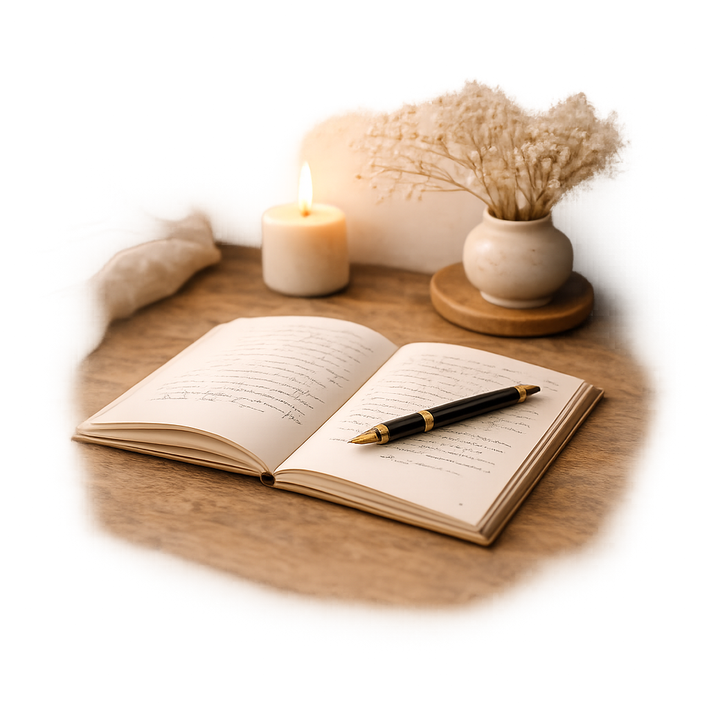 Open notebook with handwritten pages, black and gold fountain pen placed on it, lit candle, and a vase with dried white flowers on a wooden table.