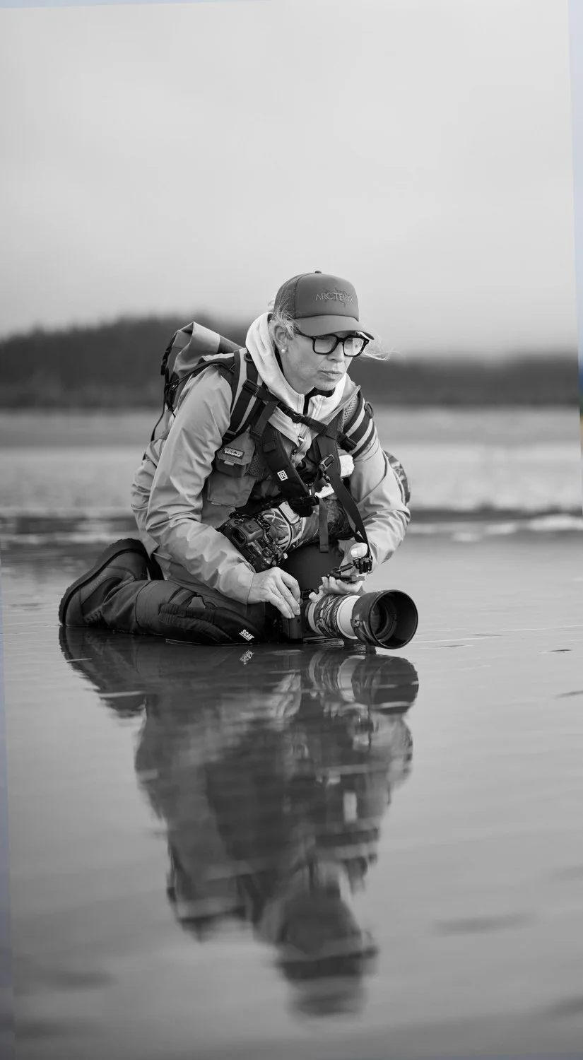 A woman in outdoor gear kneeling in shallow water, holding a camera with a large lens, with her reflection visible in the water.