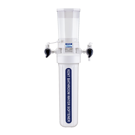 A bathroom water softener with a transparent top tank and a white body labeled 'Kent Bathroom Water Softener'.