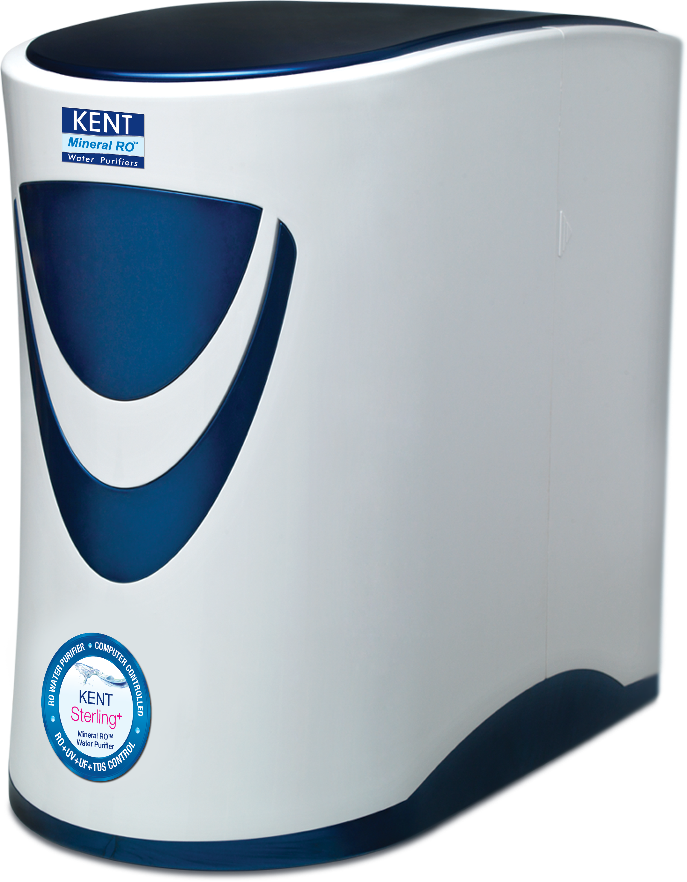 A Kent Mineral RO water purifier with a sleek white and dark blue design.