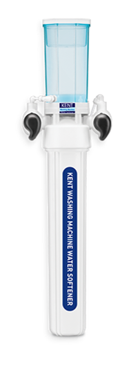 A Kenwy washing machine water softener with a transparent blue water chamber and white body, labeled with blue text.