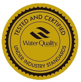 Gold circular seal with black text reading 'Tested and Certified Under Industry Standards' and 'Water Quality' logo in the center.