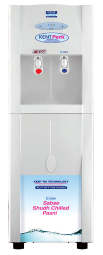 A white water cooler with two faucets, one red and one blue, and branding labels from Kent and Sabse Shudh Chilled Paani.