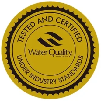 A gold circular badge with black text and border stating "Tested and Certified Water Quality Under Industry Standards."