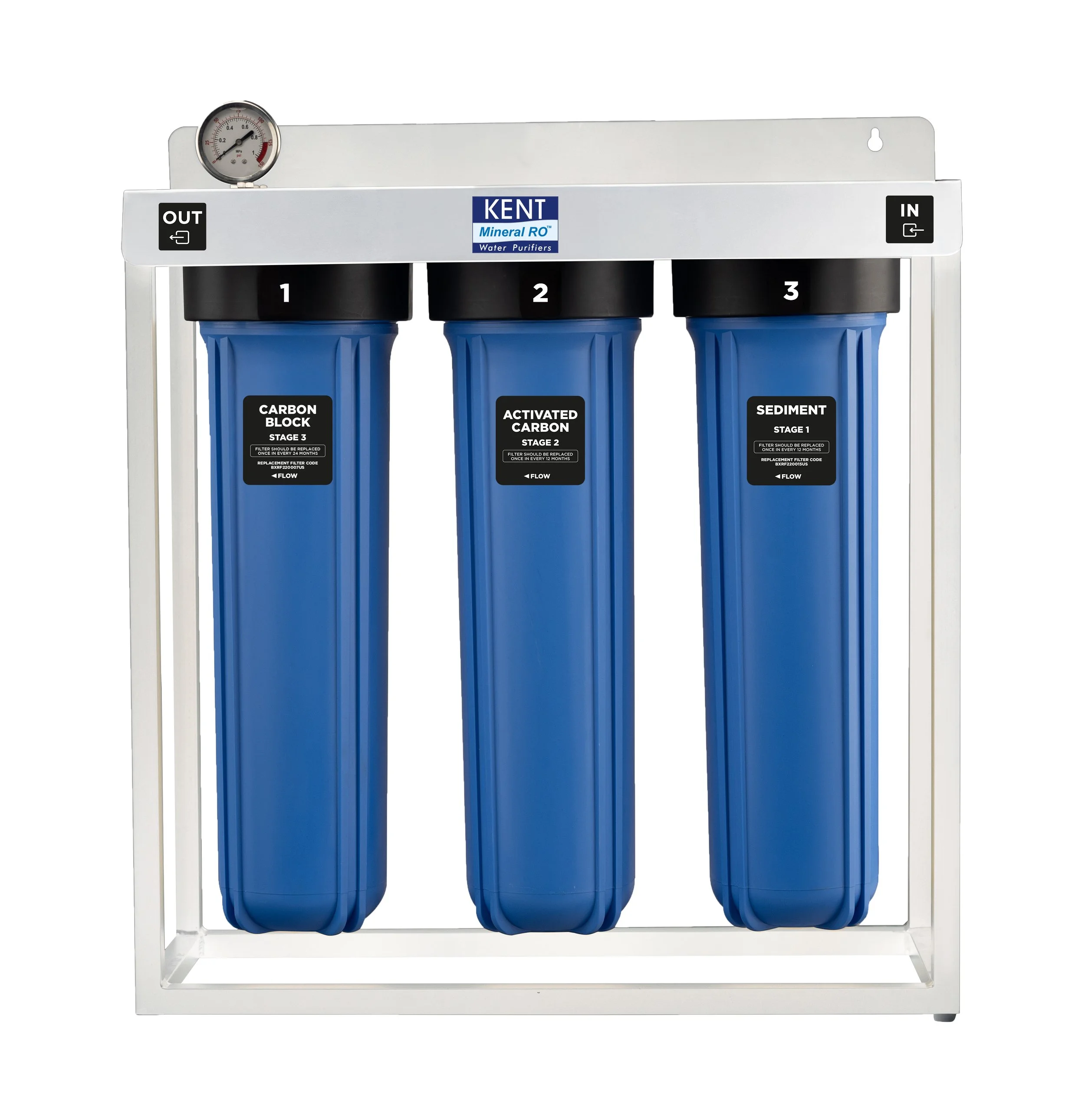 Three blue water filtration system canisters labeled carbon block, activated carbon, and sediment in a white metal frame with a pressure gauge on top, part of a Kent Mineral RO water purifier.