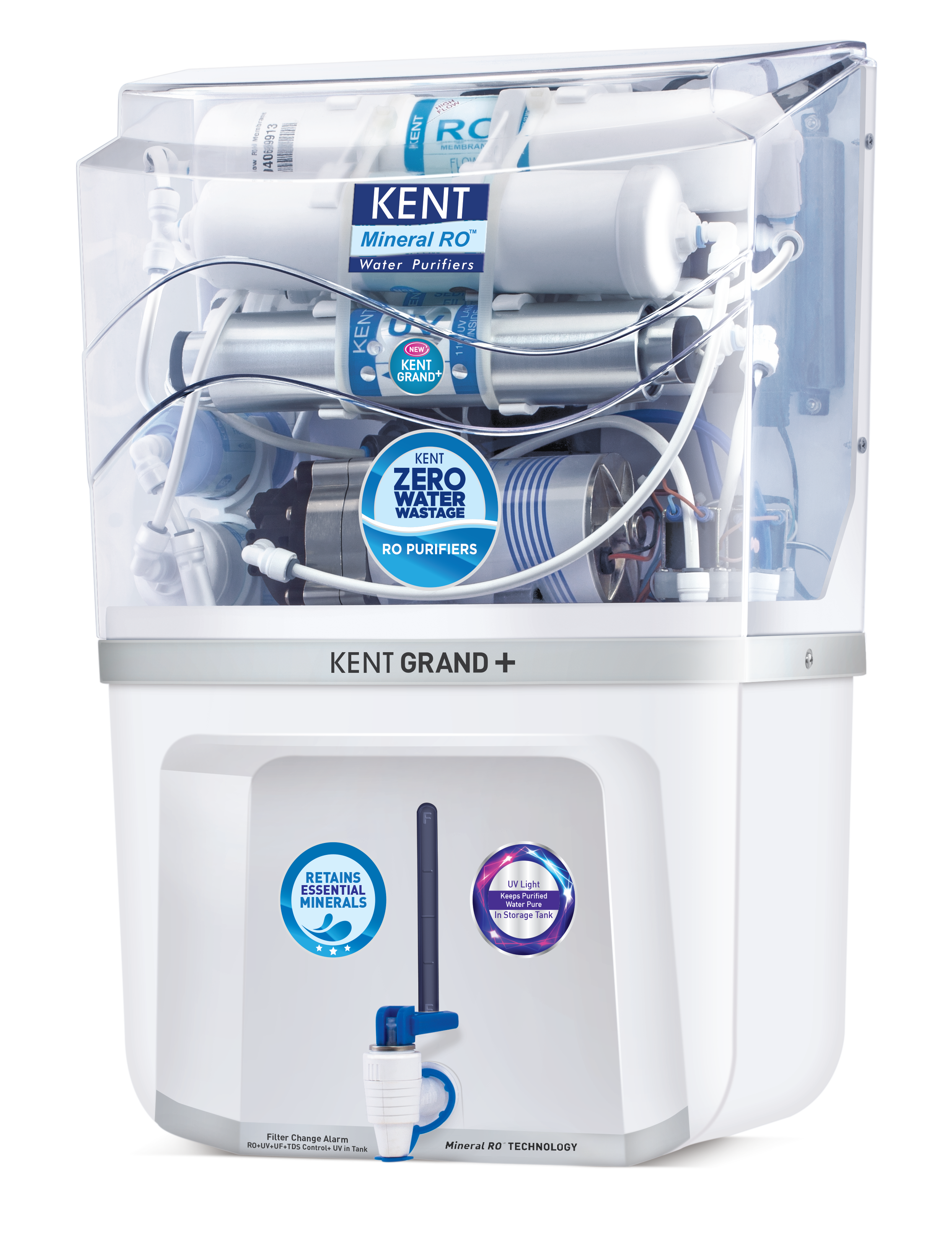 A countertop water purification machine with a transparent top revealing internal filters and components, featuring labels indicating it uses mineral reverse osmosis technology and retains essential minerals.