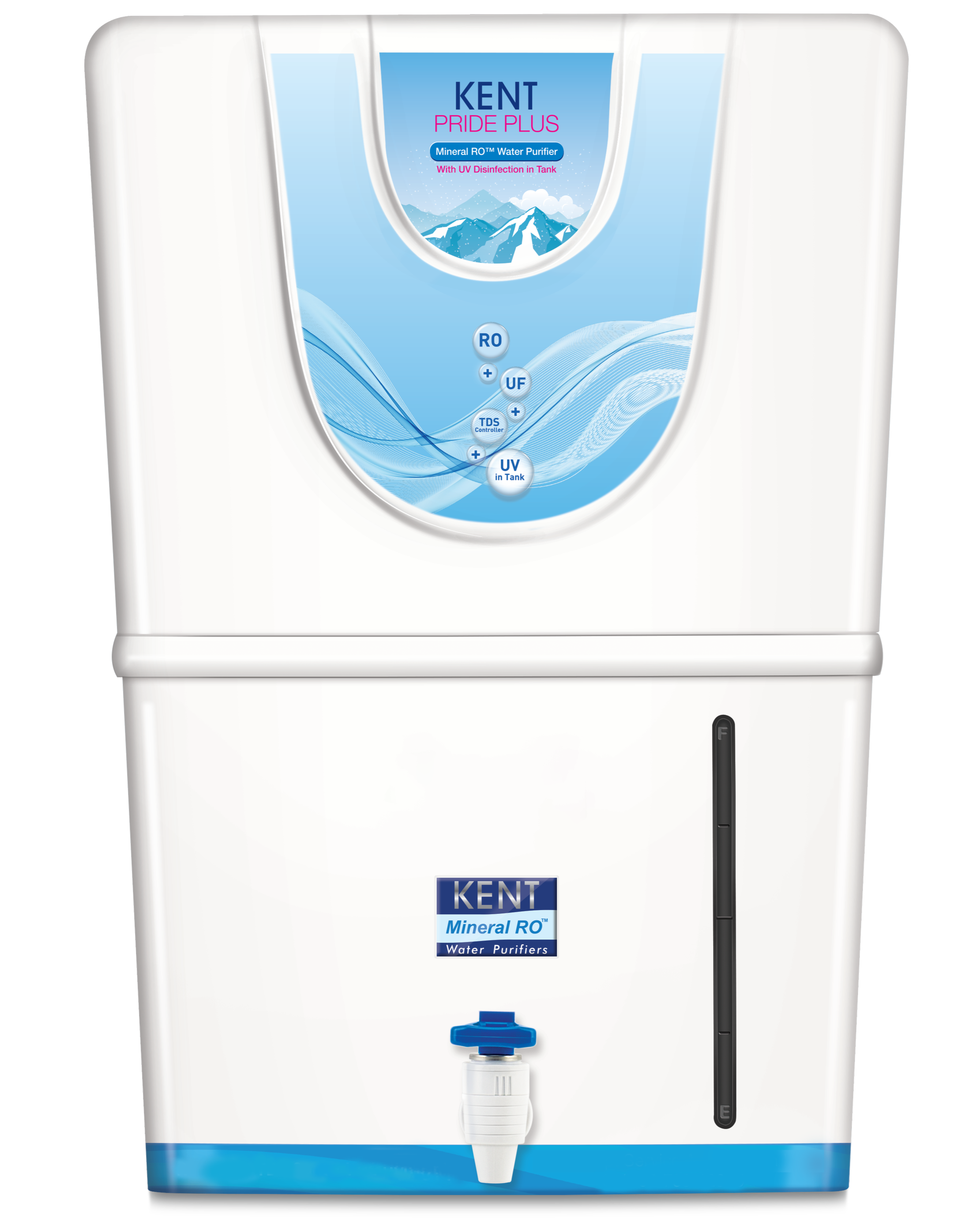 A Kent PRIDE PLUS mineral reverse osmosis water purifier with a digital control panel and tap.