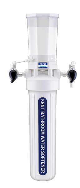 A bathroom water softener with a clear top tank, white body, and pipes, labeled 'Kent Bathroom Water Softener.'