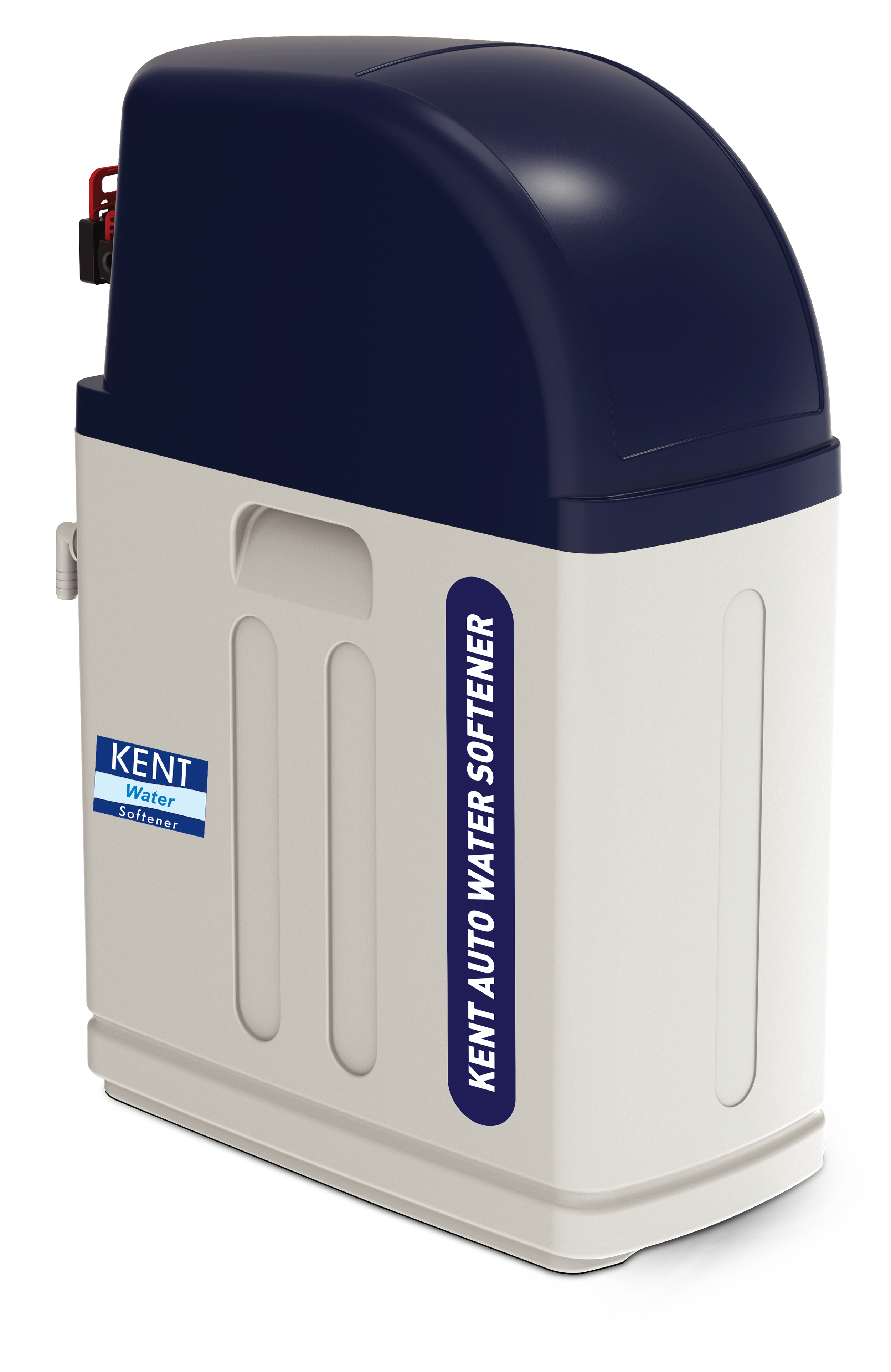 A Kent auto water softener unit with a white body and a dark blue top, labeled with blue and white stickers indicating it is a water softener.