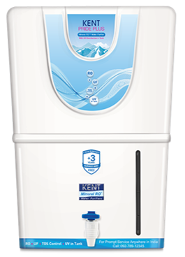 Close-up of a water softener or filtration system with blue and white color scheme, labeled 'Kent Price Plus' and featuring control and indicator buttons.