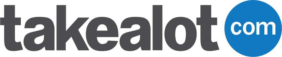 Close-up of the Takealot logo with black text and a blue circle containing the word 'com'.