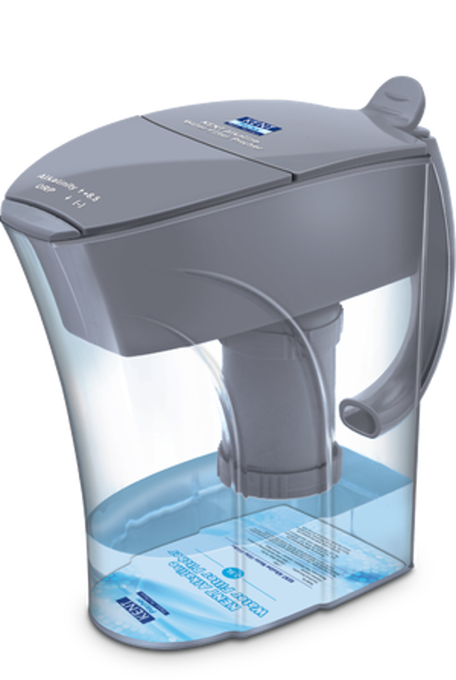 A water purifier with a grey top and a transparent body, showing internal components and a water level indicator.