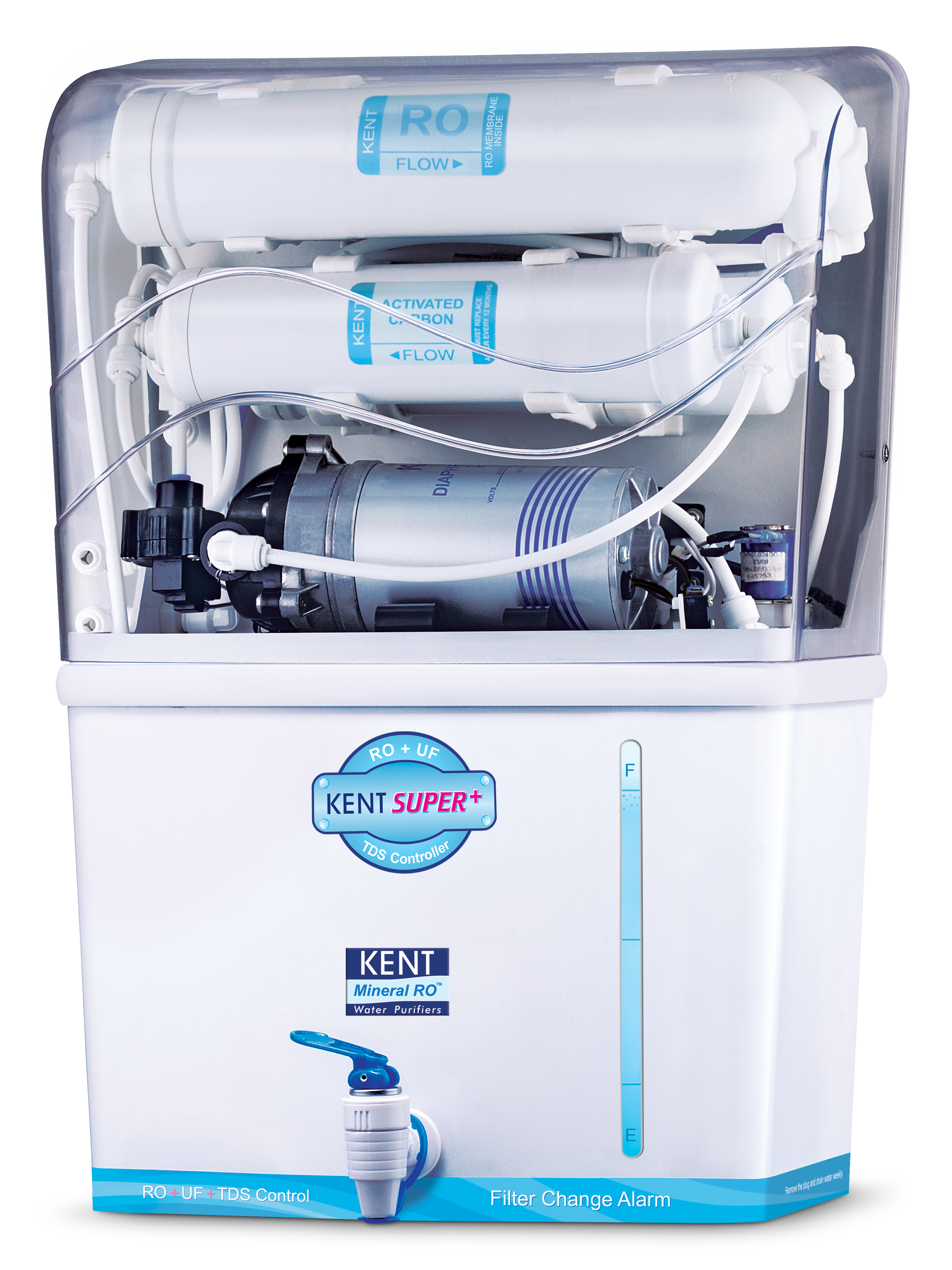 A Kent Mineral Reverse Osmosis water purifier with a filter change alarm indicator, featuring multiple filters, a control panel, and a water level indicator.