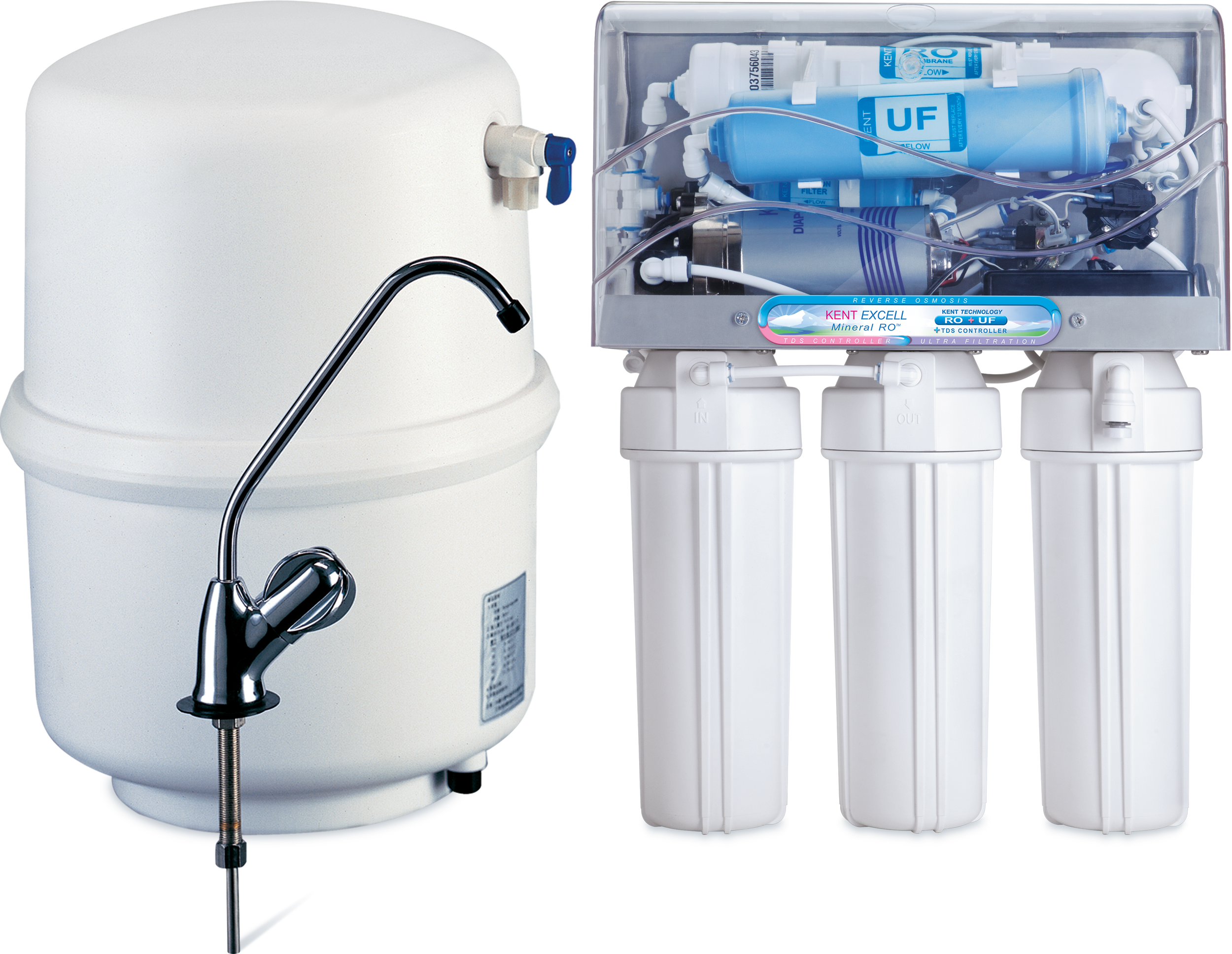 A reverse osmosis water filtration system connected to a water filter tank with a faucet.