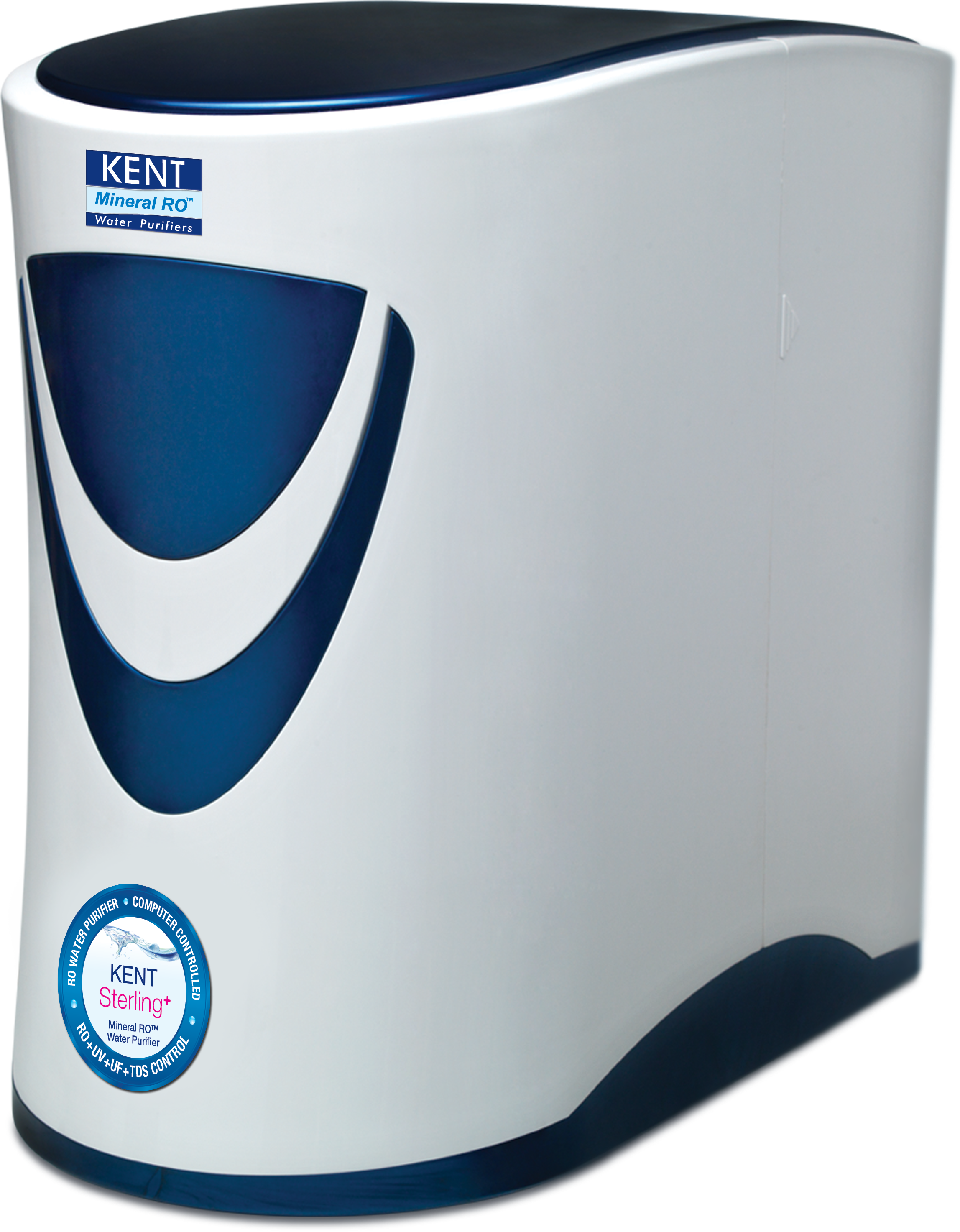 White and dark blue water purifier with brand labels.