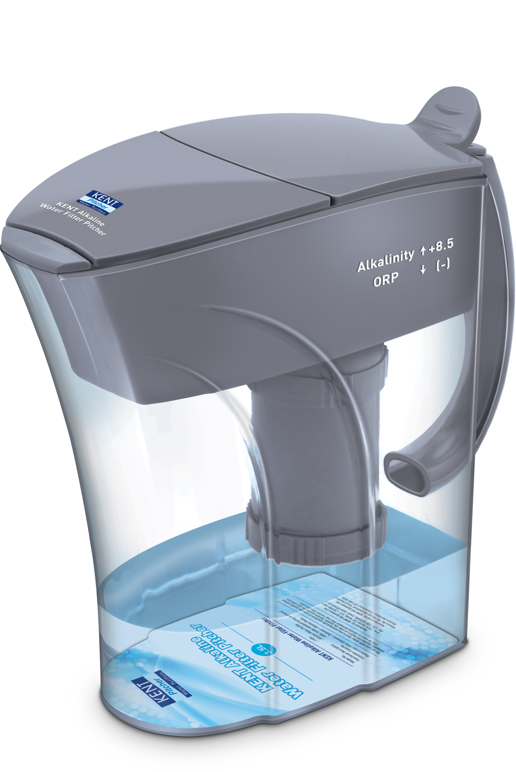 A Kent AquaAlkaline water filter pitcher with a gray lid, measuring alkalinity and ORP levels, and dispensing water into a blue water pitcher labeled comfortably.