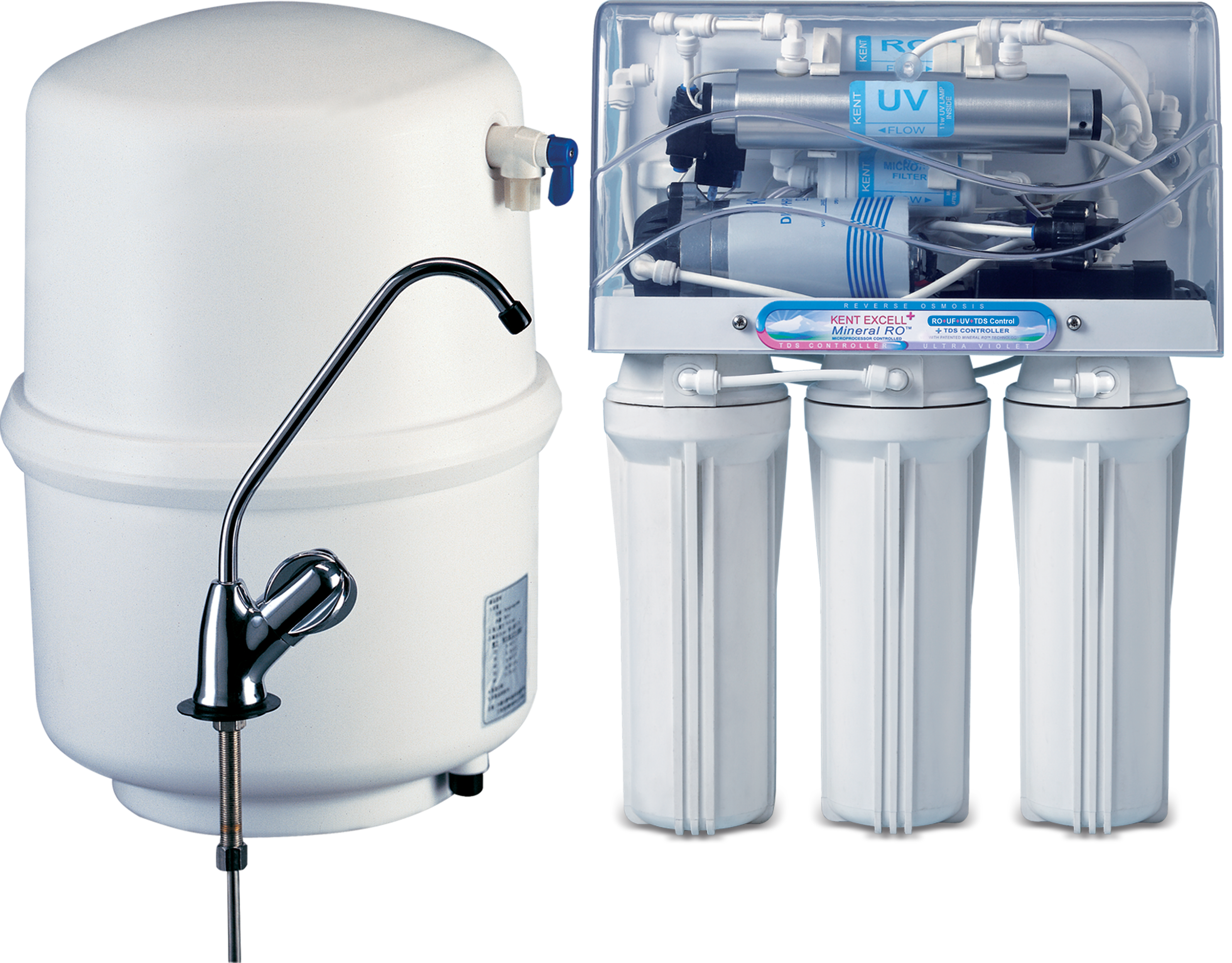 Reverse osmosis water filtration system with a separate drinking water faucet.