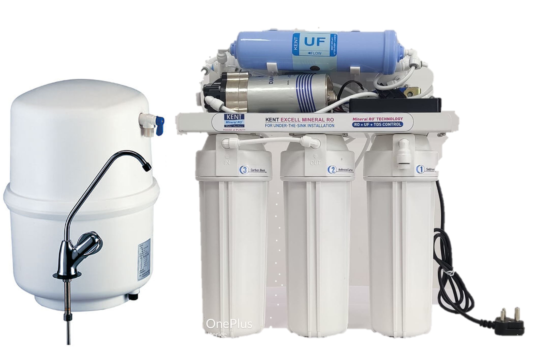A water filtration system with multiple filters, a water tank, and associated plumbing components.