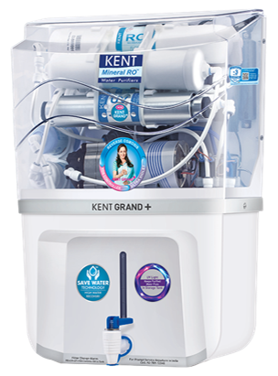 A water purification device with multiple filters and tubing, labeled 'KENT GRAND+', featuring a faucet at the bottom.