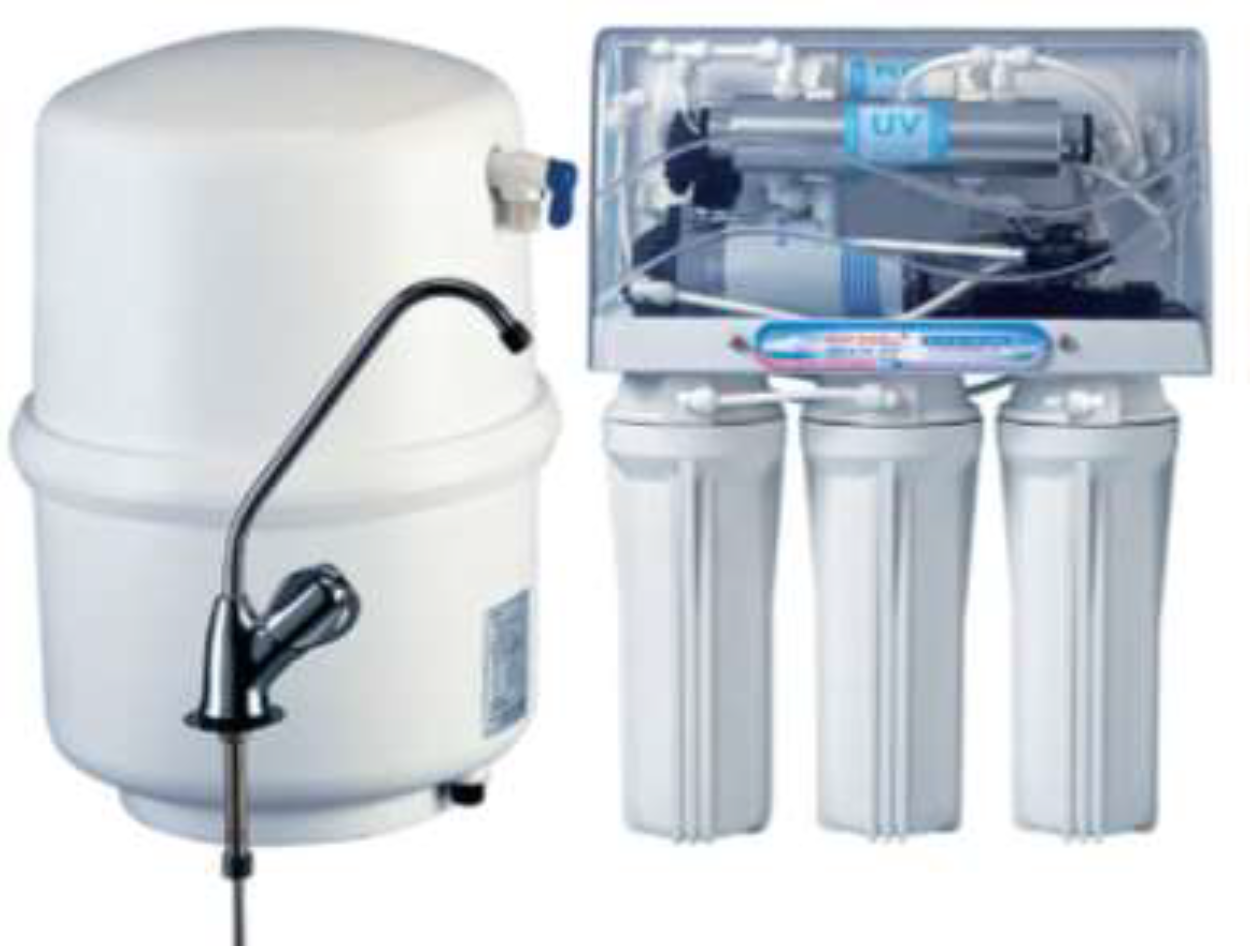 Reverse osmosis water filtration system with multiple filter cartridges and a separate water storage tank.