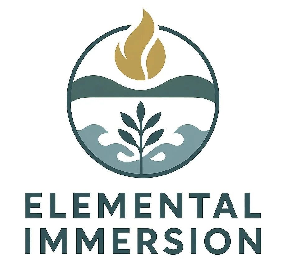 A logo featuring a circle with stylized natural elements, including a fire or flame at the top, mountains or waves below it, a plant with leaves in the center, and water at the bottom. Underneath, the text reads "ELEMENTAL IMMERSION".